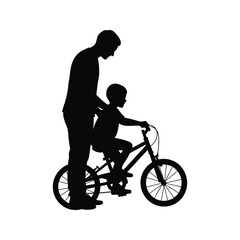 Silhouette of father teaching son to ride bike black and white vector illustration