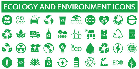 Ecology and Environment - green vector icons. World environment day signs isolated on white. Recyclable packaging symbols.