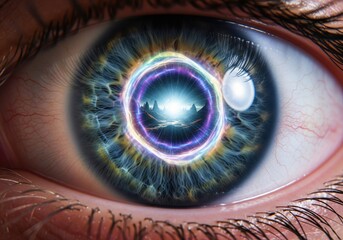 Cosmic Eye Portal to Inner Universe. Captivating close-up of an individual's orb, revealing a stunning vibrant landscape within its depths. Symbolizes human imagination, future foresight, and.
