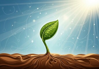 Vibrant Green Sprout Under Sunlight. A delicate sapling emerges from brown earth, nurtured by solar rays. It represents evolution, environmental care, and fresh vitality.