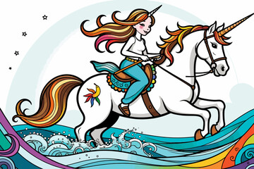 Magical Girl Riding Unicorn Illustration - Colorful Fantasy Art for Kids and Adults - Whimsical Dreamlike Scene with Rainbow Waves