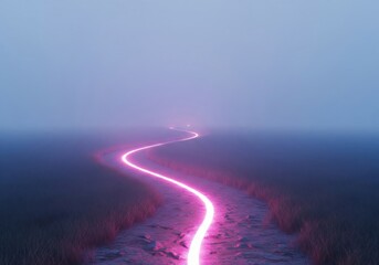 Vibrant Trail Through Mysterious Haze. A brilliant magenta light stream guides through an enigmatic, foggy environment, hinting at digital transformation, exploration, and the uncharted future..