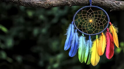 Colorful dreamcatcher adorned with vibrant feathers hanging on a branch - Powered by Adobe