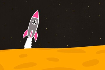Cartoon rocket launching into starry space background