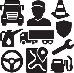 Logistics and transportation icon set in black silhouette style featuring truck, driver, fuel, steering wheel, tools, and map — ideal for delivery, fleet management, and transport-related designs.

