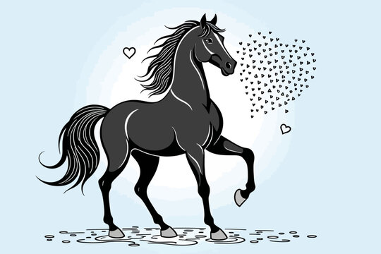 Majestic Black Horse with Heart Detail-Elegant Stallion Artwork-Equine Illustration with Love Theme-Artistic Horse Image-Perfect for Valentine's Day