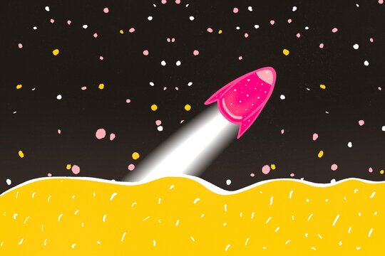 Colorful rocket ship soaring through space illustration