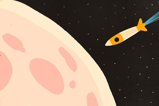 Rocket soaring through space near the moon surface