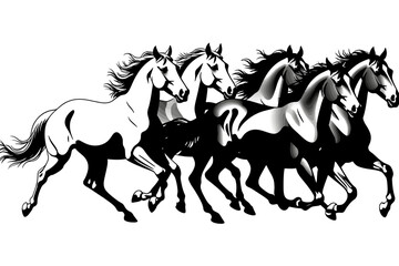 Majestic Horses Running Free Black and White Illustration-Powerful Equine Art-Galloping Stallions in Dynamic Motion-Beautiful Horse Silhouette Design-Animal Vector Graphic
