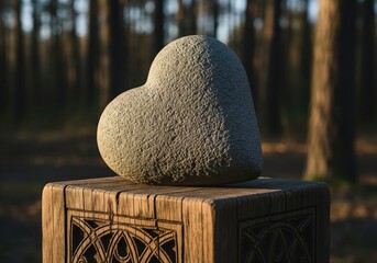 Stone Heart on Wooden Pedestal. A sculpted natural object shaped like a heartfelt symbol rests on an ornate timber base, conveying deep affection and nature's quiet beauty.