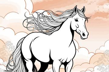 Fototapeta premium Majestic White Horse Illustration-Beautiful Animal Art with Flowing Mane-Elegant Horse Drawing Against a Sky Backdrop-Stunning equine artwork