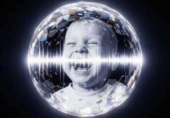 Child's Joyous Voice Waves Through Orb. A radiant infant's energetic utterance generates powerful vibrations, symbolically shattering a geometric sphere in deep space. Represents impactful.