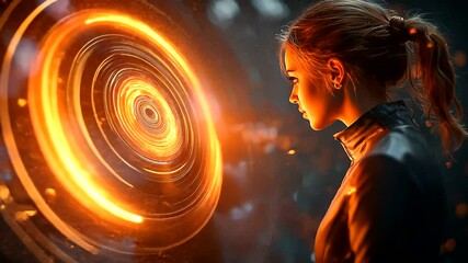 A woman gazes intently at a glowing orange portal, set in a futuristic, tech-inspired environment - Powered by Adobe