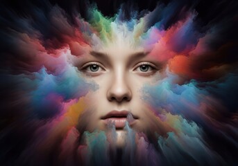 Serene Face, Bursting Mind. A peaceful countenance emerges from an ethereal kaleidoscope of hues, representing profound thoughts and emotional depth.