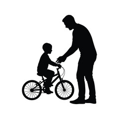 Silhouette of father teaching son to ride bike family activity outdoor fun childhood memories black and white vector illustration