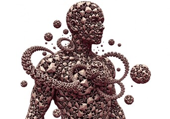 Abstract Geometric Human Figure. This artwork features a human-like form crafted from intricate polygons and fractal components, representing complex thought or digital consciousness.
