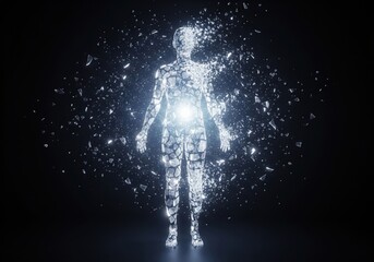 Shattered Human Form with Inner Light. A fragmented digital person radiates bright energy, symbolizing a powerful transformation or spiritual awakening from within.