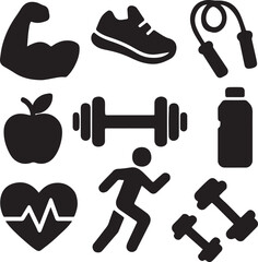 Fitness and health icon set. Containing muscle flex, barbell, kettlebell, smartwatch with heart rate, stationary bike, jump rope, running person, apple, and sportswear. Workout and wellness silhouette