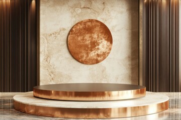 Fototapeta premium Abstract podium design with beige and copper tones for product presentation. A large, brown stone wall with a bronze table in the middle.