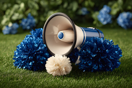 Cheerleading megaphone and pom-poms on the grass. Perfect for sports, school, and team spirit themes.