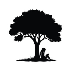 Silhouette of girl reading a book under a tree nature reading relaxation peace tranquility black and white vector illustration