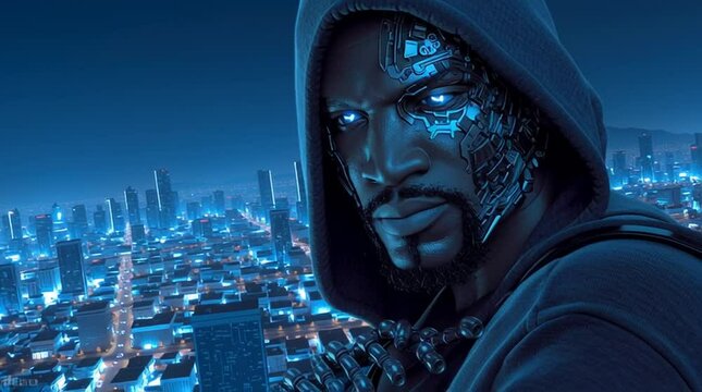 A hooded cybernetic man with glowing blue eyes stands against a futuristic city skyline, evoking sci-fi and cyberpunk themes