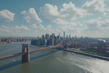A city with a bridge over a river and a large building in the background. Aerial view of brooklyn bridge and manhattan skyline on a sunny summer day.
