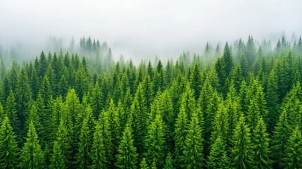 Fototapeta premium Misty forest landscape with tall pine trees in the mist, aerial view. Green spruce forest with fog. Pine tree wallpaper with a foggy nature background. 