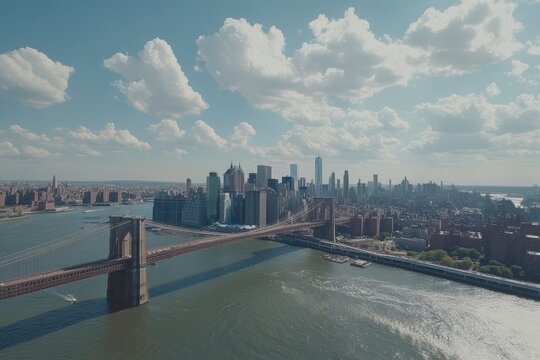 A city with a bridge over a river and a large building in the background. Aerial view of brooklyn bridge and manhattan skyline on a sunny summer day. - Powered by Adobe
