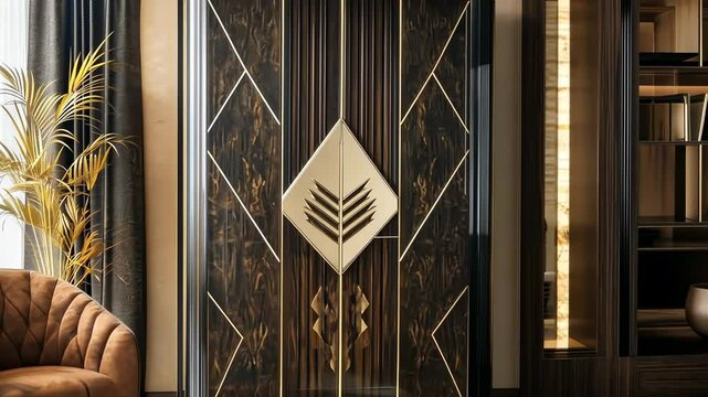 Dark wood armoire with gold accents, modern design