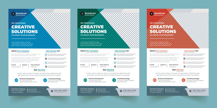 Use, by you or one client, in a single end product which end users are not charged for. Clean and Creative Corporate Flyer template with 3 different colors. You can edit the text layers or colors.