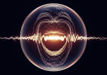 Digital Voice Emission. An artistic representation of an energetic sonic burst contained within a translucent orb, symbolizing advanced communication or artificial intelligence.