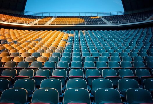 Rows of empty stadium seats, awaiting the crowd, football, spectator
