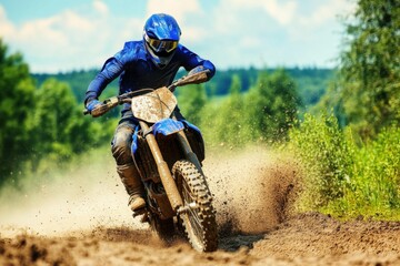 Thrilling motocross rider speeding through dirt on sunny day