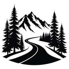 Winding mountain road silhouette black and white scenic banner