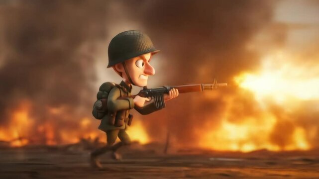 Young soldier throwing grenade with fire and smoke in background