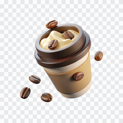 3D Coffee Cup with Milk Foam and Floating Coffee Beans PNG | Latte Art, Café Drink, Fresh Brew Illustration