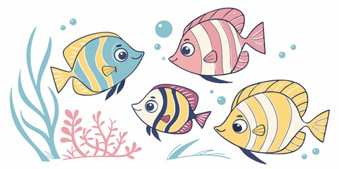 Naklejka premium Colorful vector illustration of tropical fish swimming in a vibrant underwater ocean scene