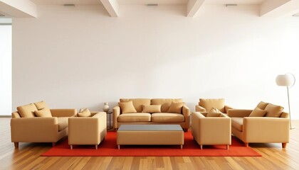 Nine beige sofas & three armchairs arranged in a minimalist setting, aesthetic, modern living