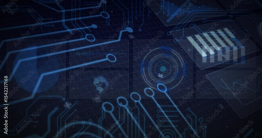 Poster blue circuit traces emerging from left linking clear panels, showing active data network processing
