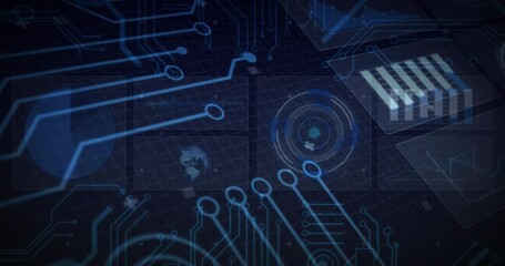 Blue circuit traces emerging from left linking clear panels, showing active data network processing - Powered by Adobe
