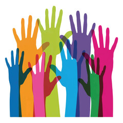 Fototapeta premium vibrant raised hands overlapping in multicolor shades symbolizing diversity, unity, community, collaboration