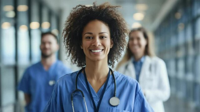 Smiling African Doctor Wearing Stethoscope in Hospital Hallway with Medical Team