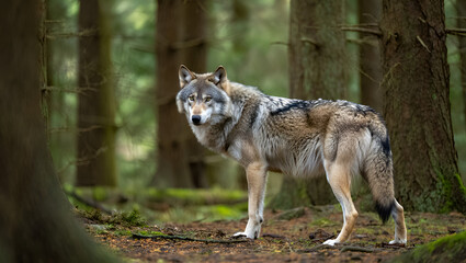 Obraz premium Majestic Gray Wolf in the Forest A Stunning Wildlife Photograph