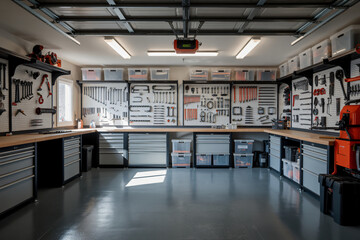 organized garage featuring systematic tool arrangement, transparent storage boxes, durable floor coating
