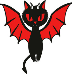 Cute black devil cat with red bat wings. Halloween costume for pet or scary monster character illustration. Fun spooky holiday cartoon animal.