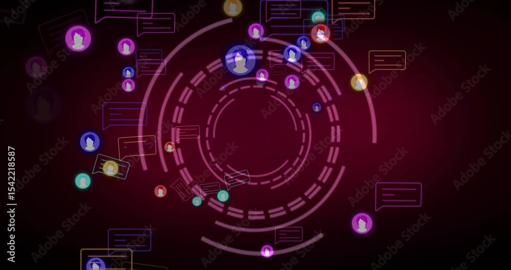 Poster on load digital interface pulsing rings and icons orbiting showcasing communication flow