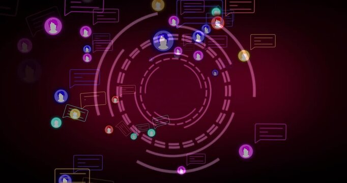 On load digital interface pulsing rings and icons orbiting showcasing communication flow