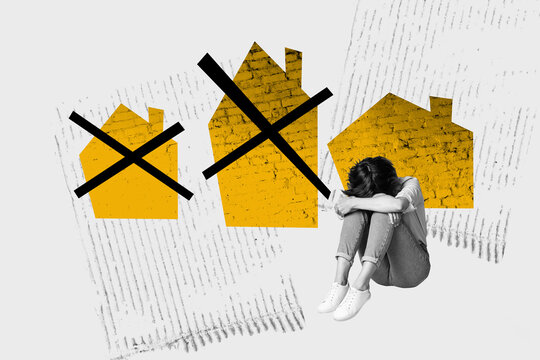 Composite image montage 3D collage of young lady upset sit down cover face house building refugees immigration residence permits travel