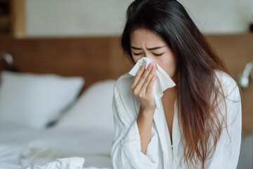Woman in Bathrobe Expressing Sadness with Tissue in Hotel Room
